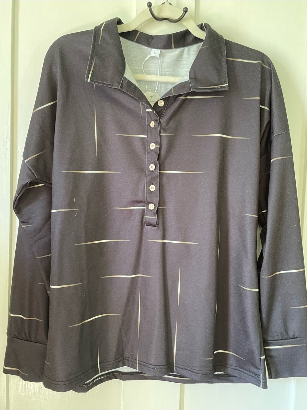 Casual Button-Down Long Sleeve Shirt in Charcoal with Cream Stripe Accents